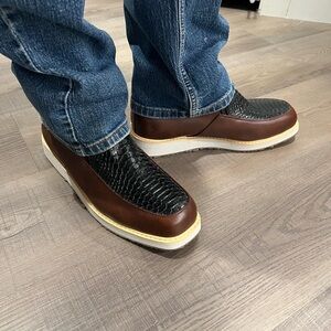 Men's Brown and Black Snake Skin Cowboy Ankle Boots with White Sole